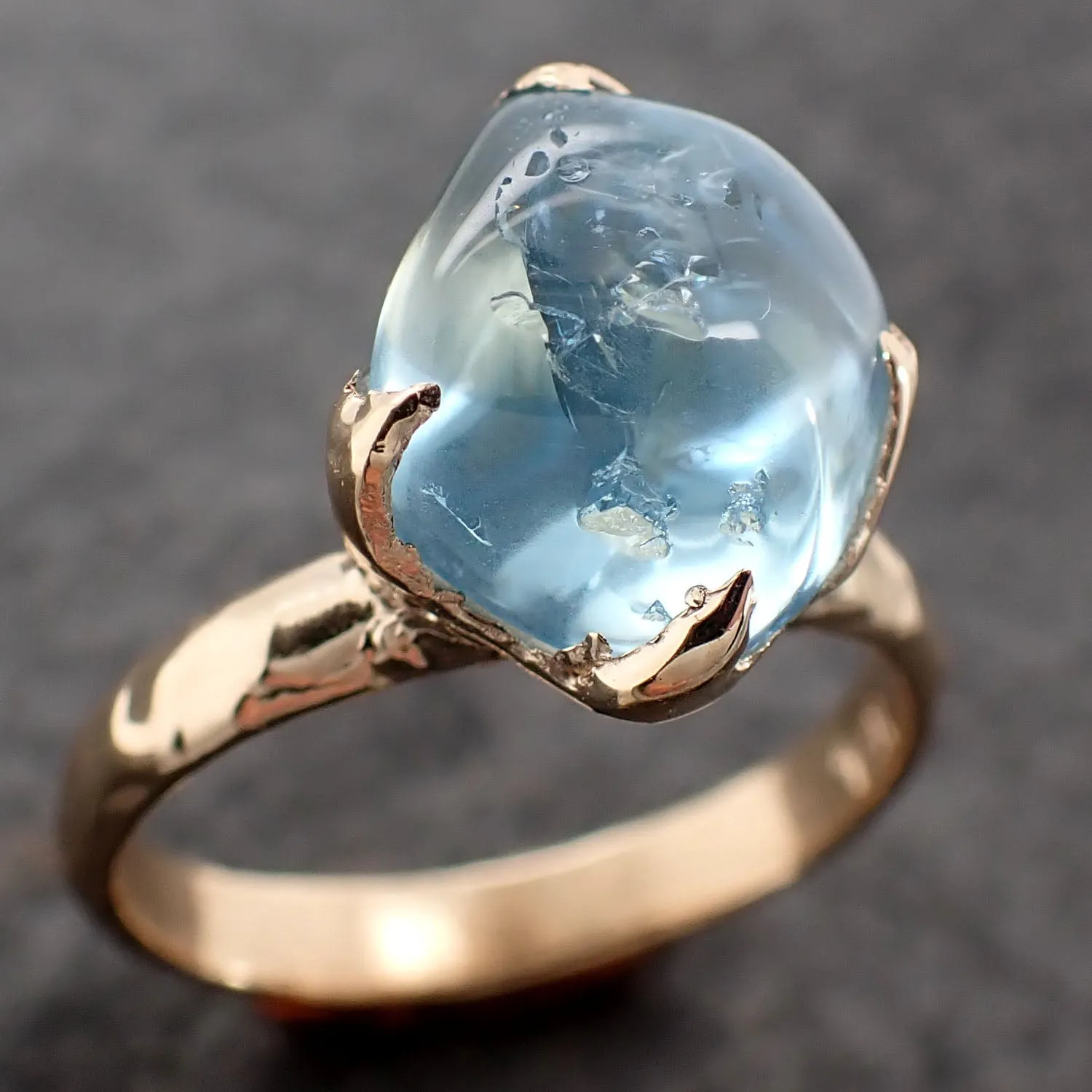 Aquamarine tumbled yellow 14k gold Solitaire gemstone ring 2685