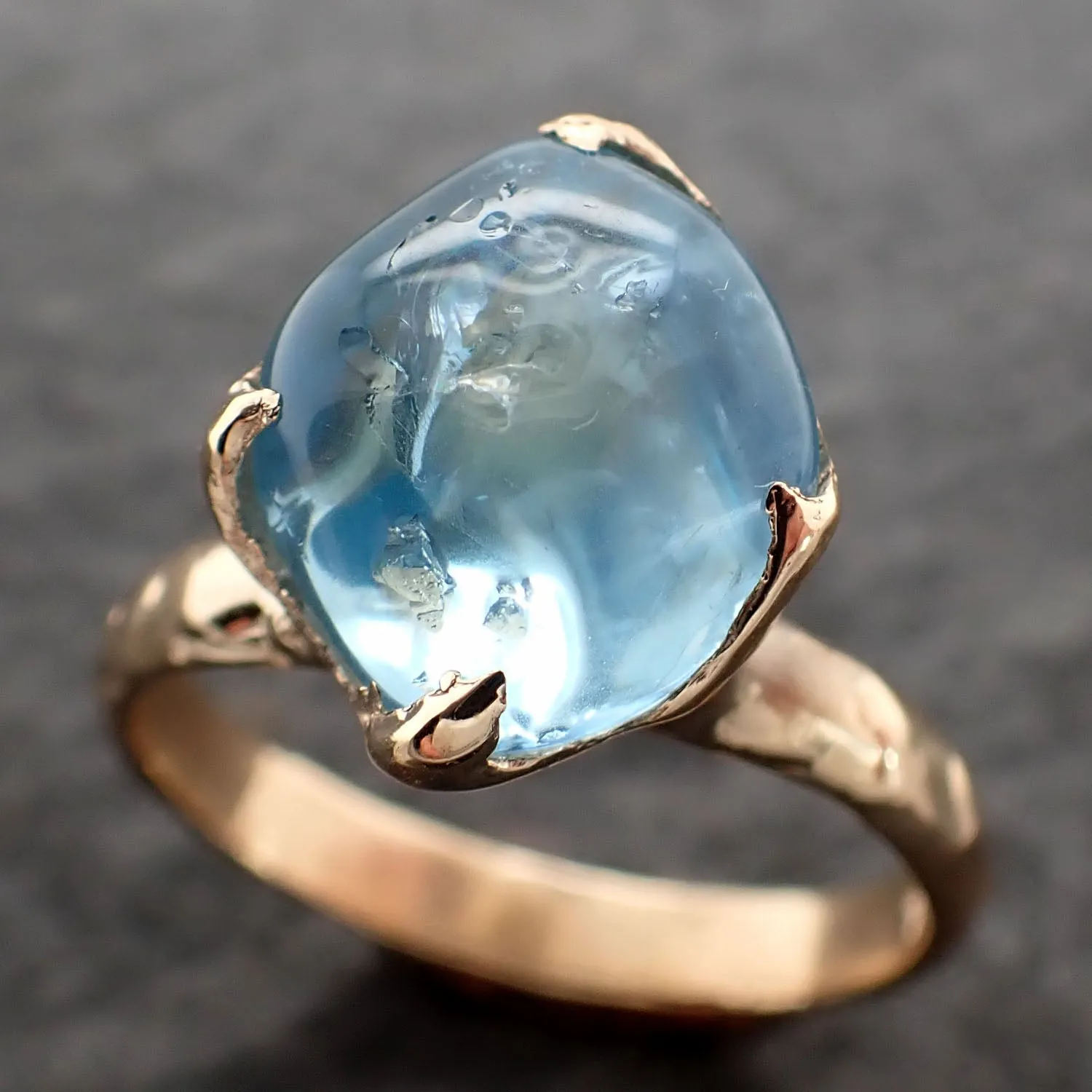 Aquamarine tumbled yellow 14k gold Solitaire gemstone ring 2685