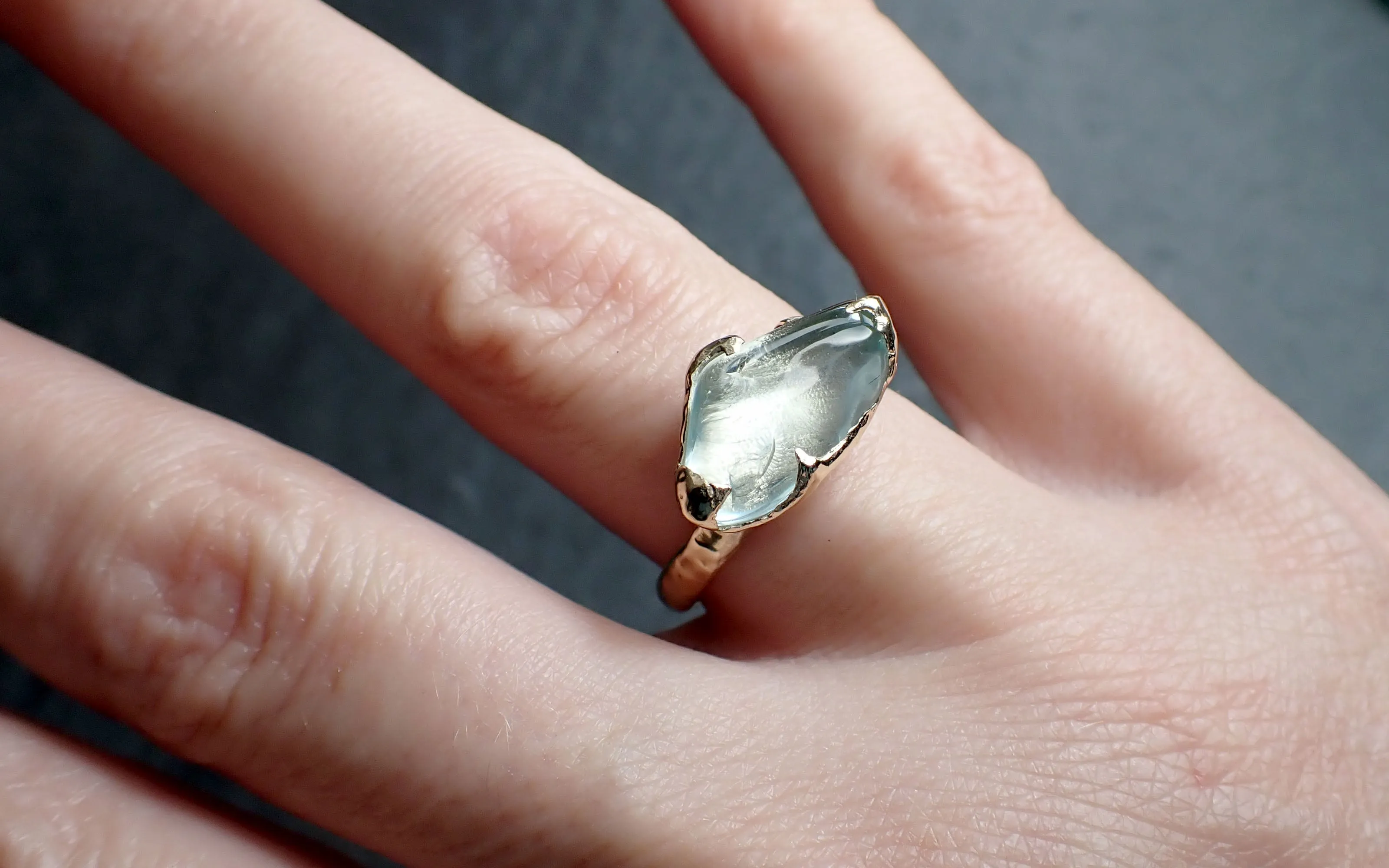 Aquamarine tumbled yellow 14k gold Solitaire gemstone ring 2689