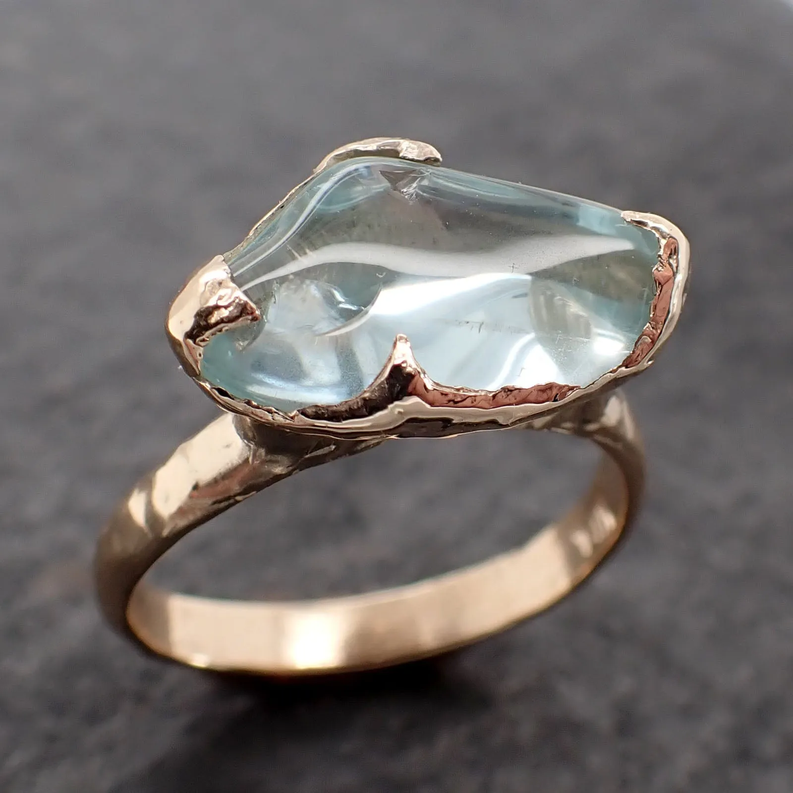 Aquamarine tumbled yellow 14k gold Solitaire gemstone ring 2689