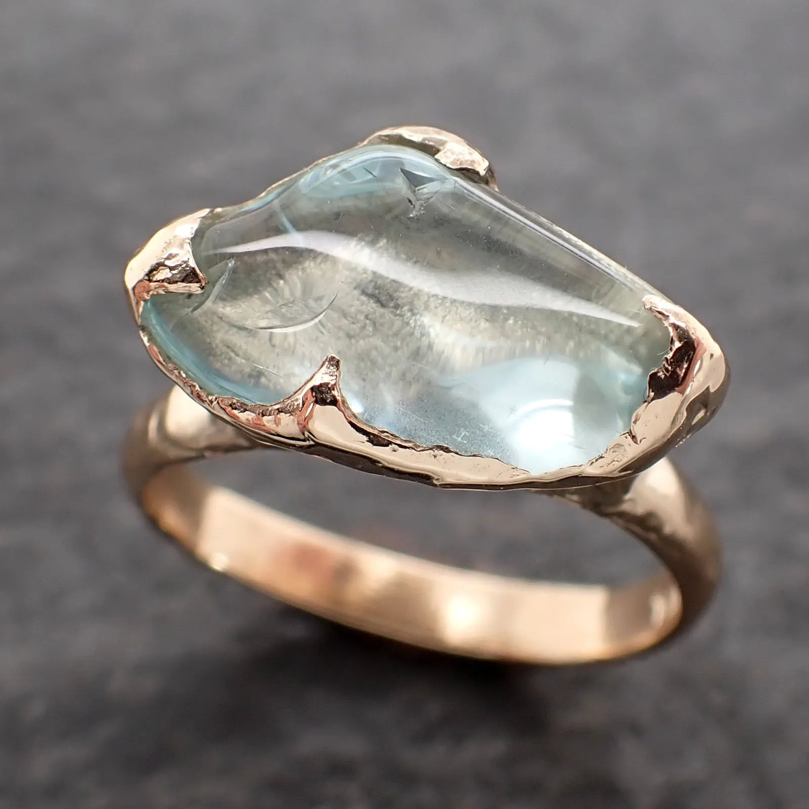 Aquamarine tumbled yellow 14k gold Solitaire gemstone ring 2689