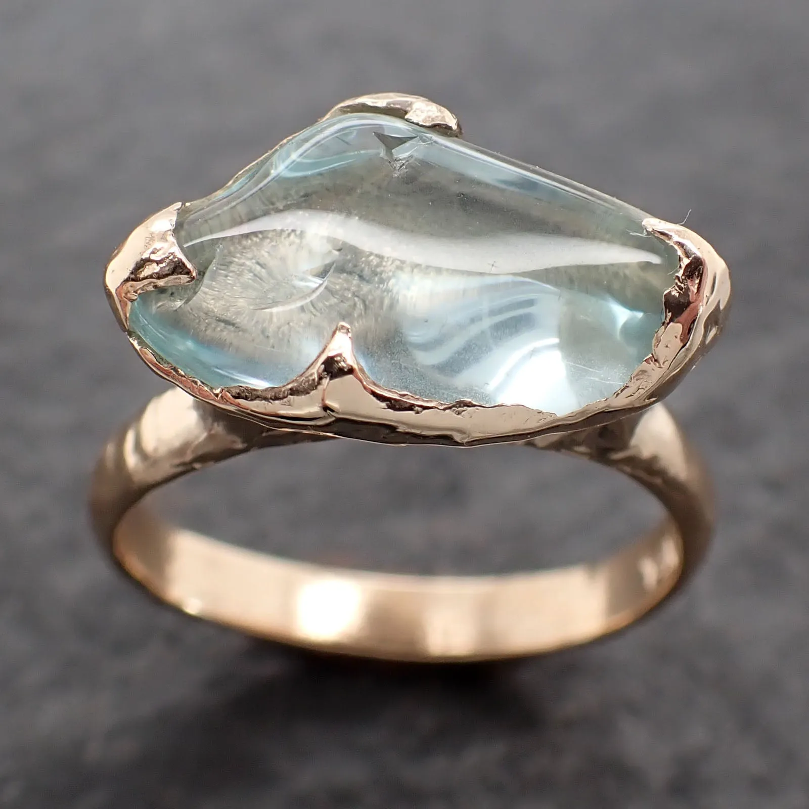 Aquamarine tumbled yellow 14k gold Solitaire gemstone ring 2689