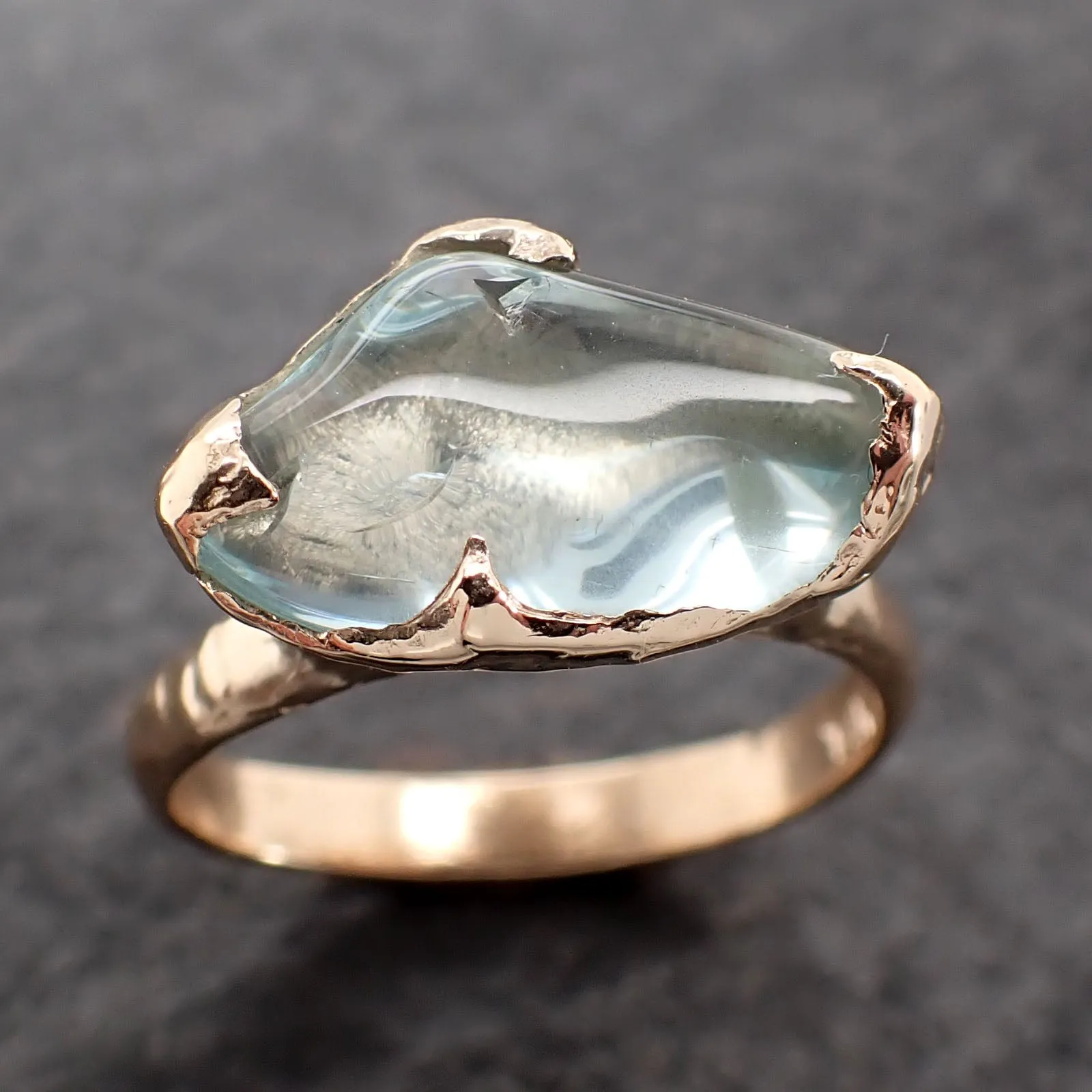 Aquamarine tumbled yellow 14k gold Solitaire gemstone ring 2689