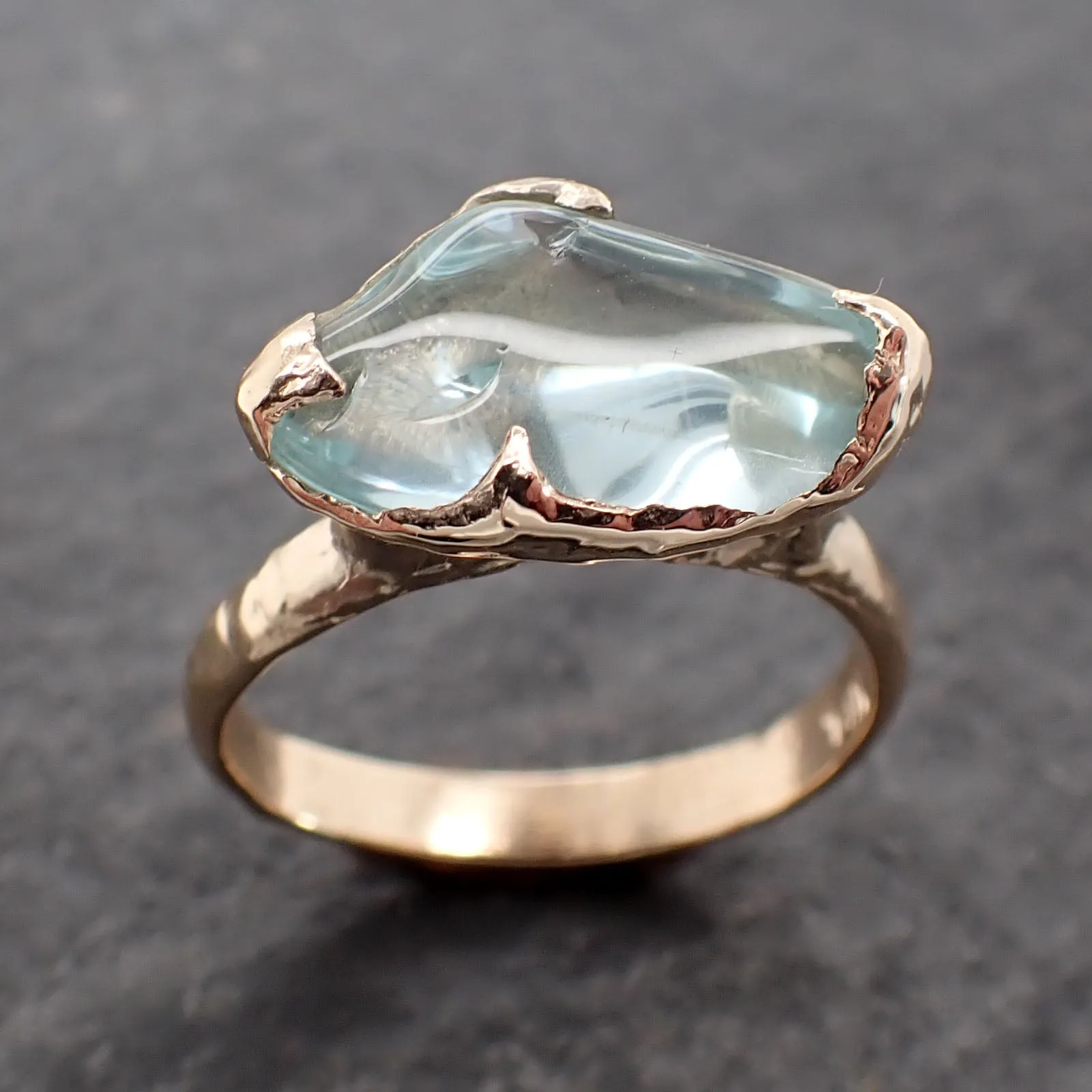 Aquamarine tumbled yellow 14k gold Solitaire gemstone ring 2689