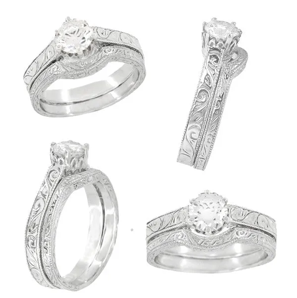 Art Deco 1/3 Carat Crown Filigree Scrolls Engagement Ring Setting in Platinum