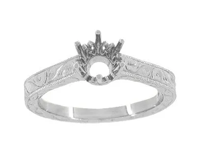 Art Deco 1/3 Carat Crown Filigree Scrolls Engagement Ring Setting in Platinum