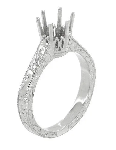 Art Deco Engraved 950 Palladium 3/4 Carat Crown Engagement Ring Setting