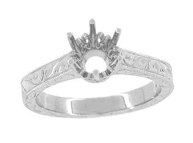 Art Deco Engraved 950 Palladium 3/4 Carat Crown Engagement Ring Setting