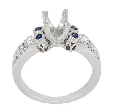 Art Deco Side Sapphires and Diamonds 1 Carat Engagement Ring Mounting with Engraved Fleur De Lis in 14 Karat White Gold for a 6mm to 6.5mm Stone