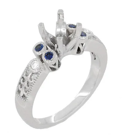 Art Deco Side Sapphires and Diamonds 1 Carat Engagement Ring Mounting with Engraved Fleur De Lis in 14 Karat White Gold for a 6mm to 6.5mm Stone