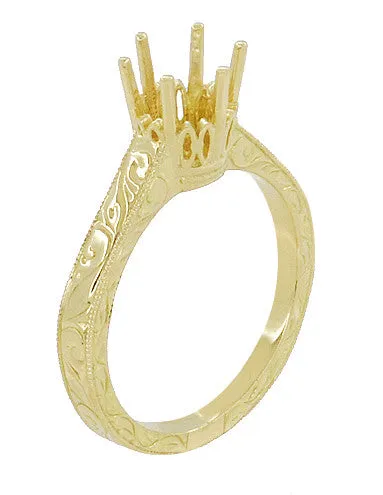 Art Deco Yellow Gold 1 Carat Crown Filigree Scrolls Engagement Ring Setting - 14K or 18K