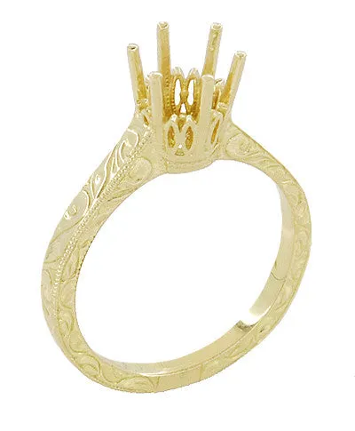 Art Deco Yellow Gold 1 Carat Crown Filigree Scrolls Engagement Ring Setting - 14K or 18K