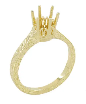 Art Deco Yellow Gold 1 Carat Crown Filigree Scrolls Engagement Ring Setting - 14K or 18K