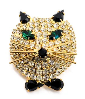 Attruia unsigned Black and white kitty cat head vintage rhinestone brooch