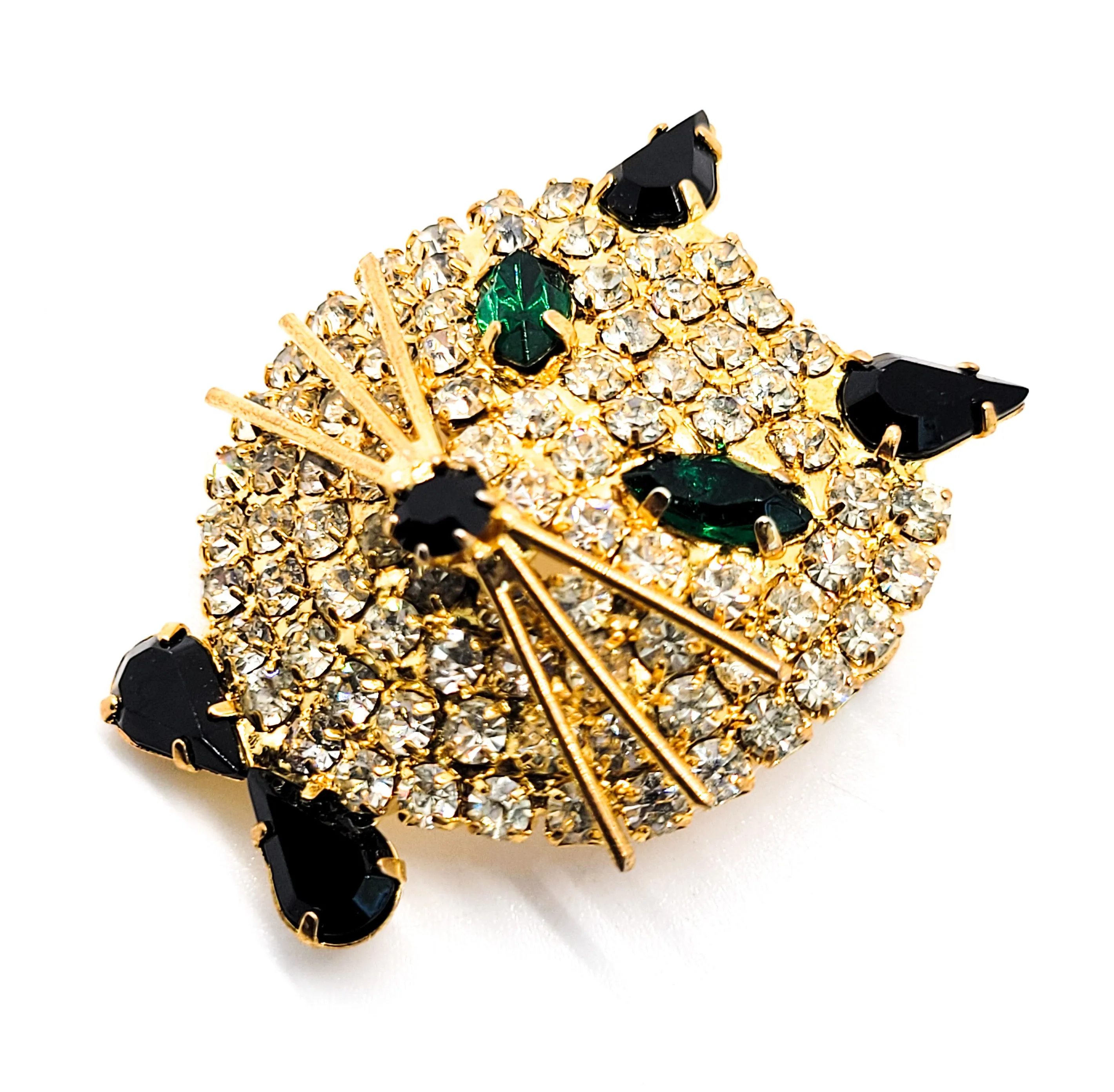 Attruia unsigned Black and white kitty cat head vintage rhinestone brooch