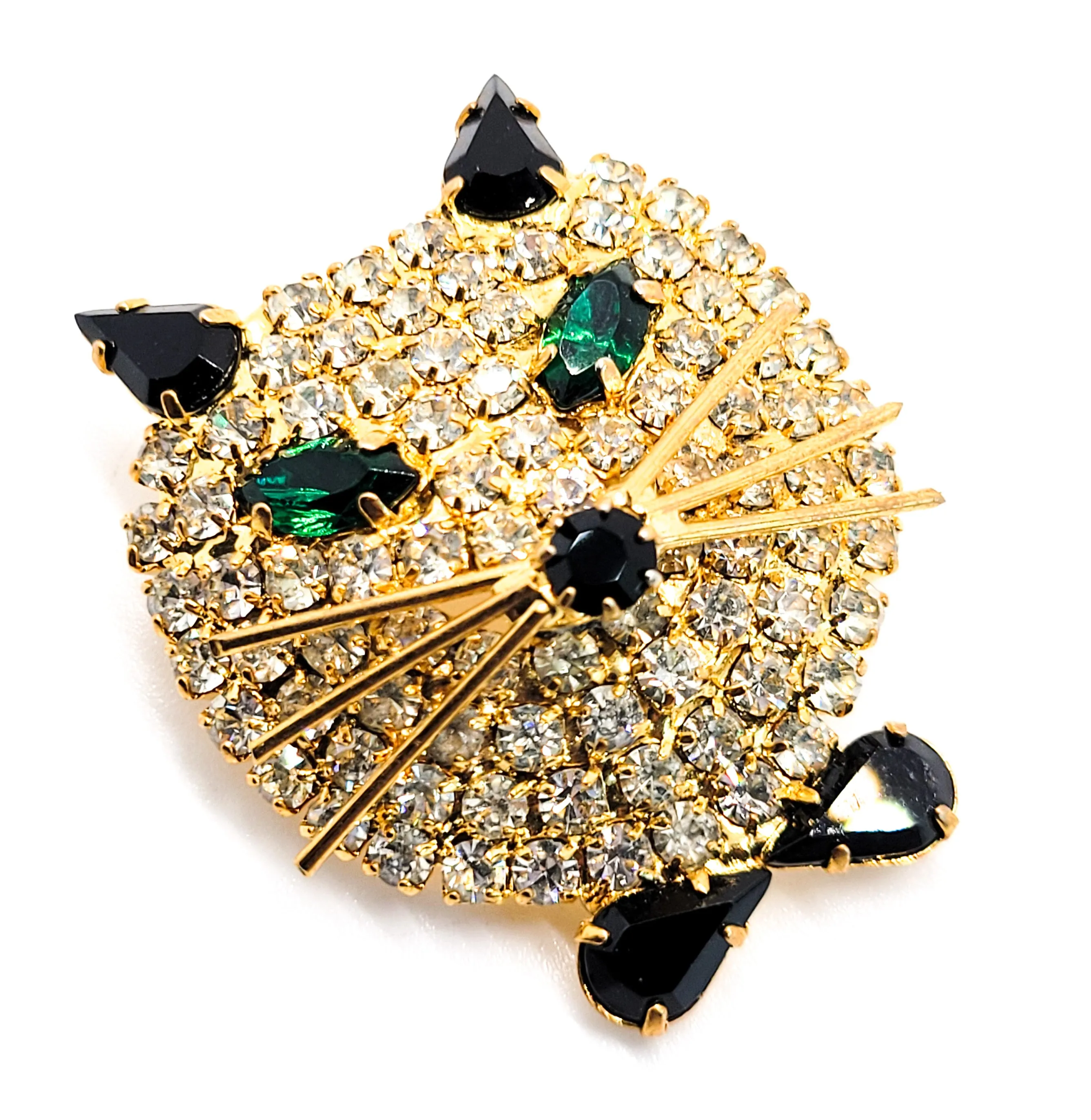 Attruia unsigned Black and white kitty cat head vintage rhinestone brooch