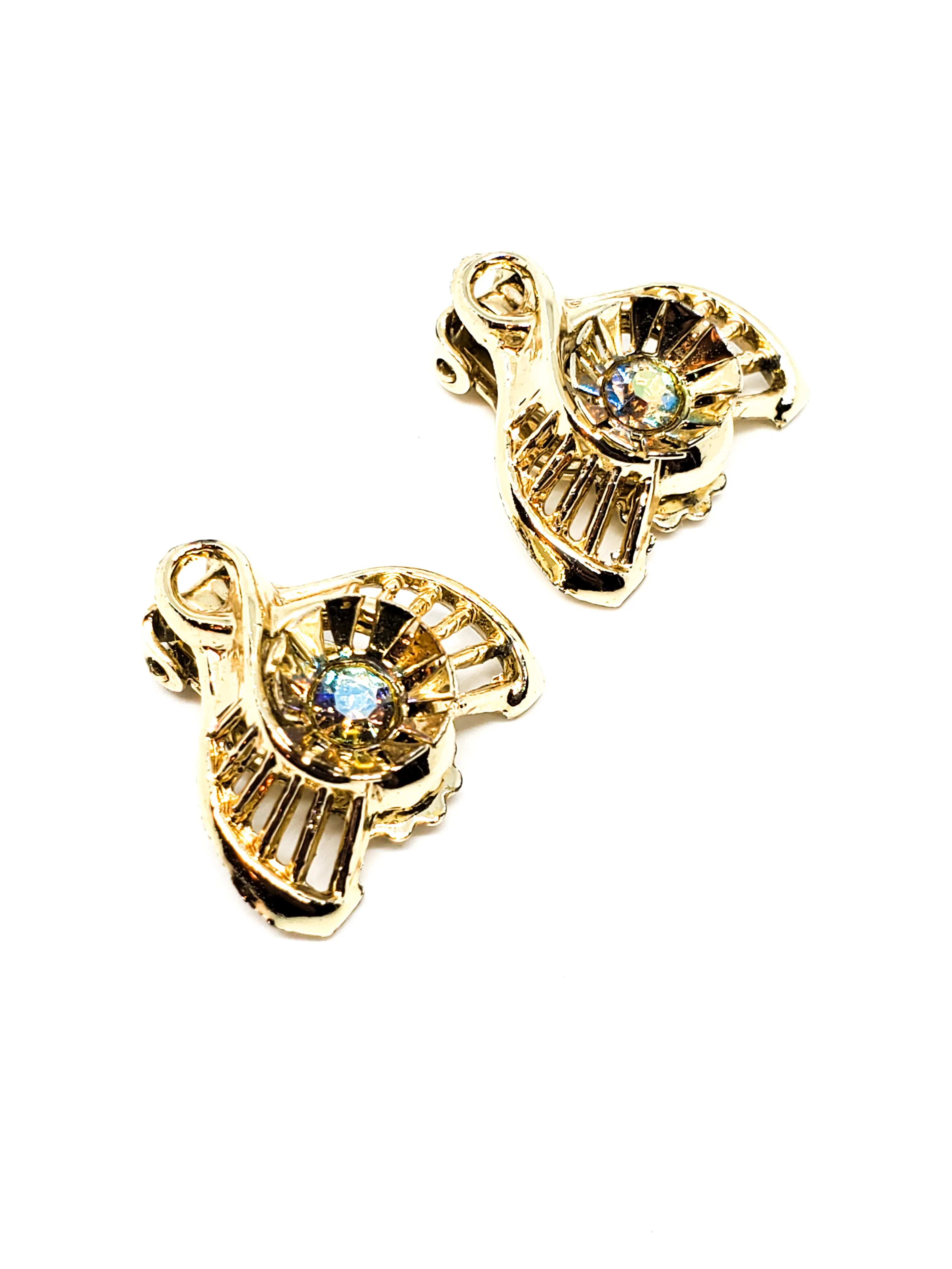 Aurora Borealis gold toned cup vintage rhinestone clip on earrings mid century