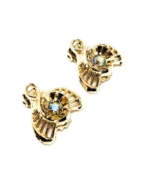 Aurora Borealis gold toned cup vintage rhinestone clip on earrings mid century