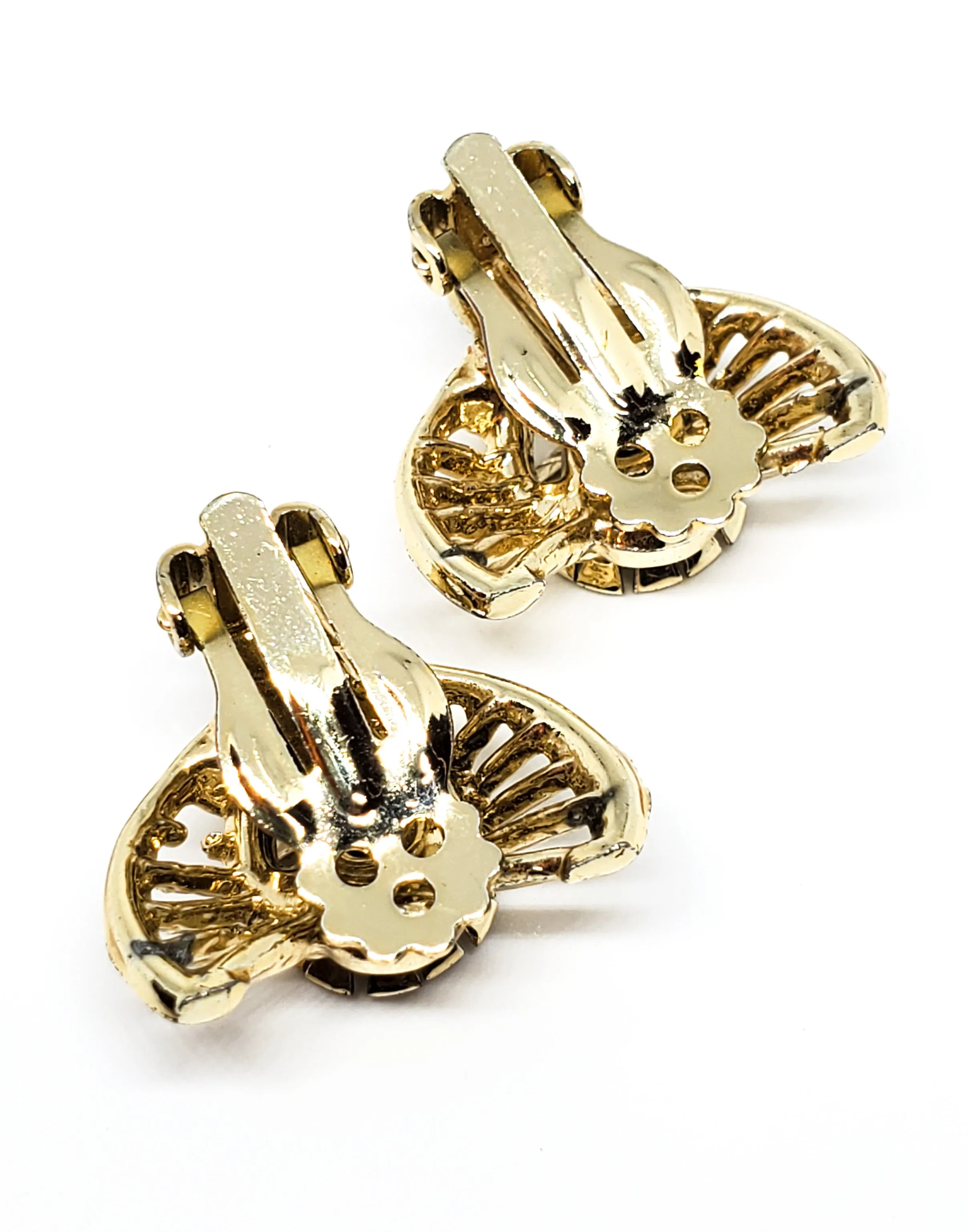 Aurora Borealis gold toned cup vintage rhinestone clip on earrings mid century