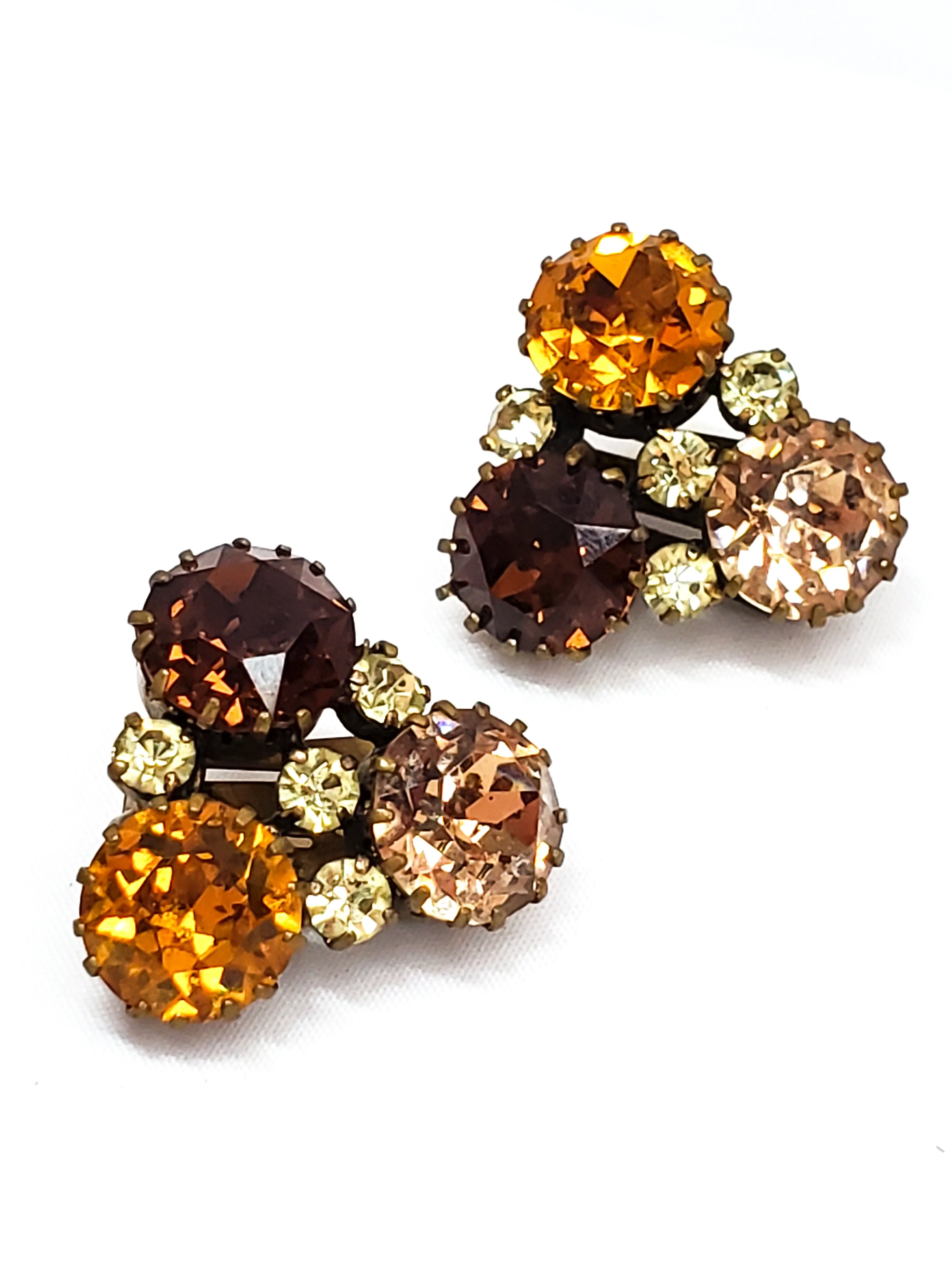 Austria Warm Amber toned rhinestone clip on vintage cluster earrings mid century