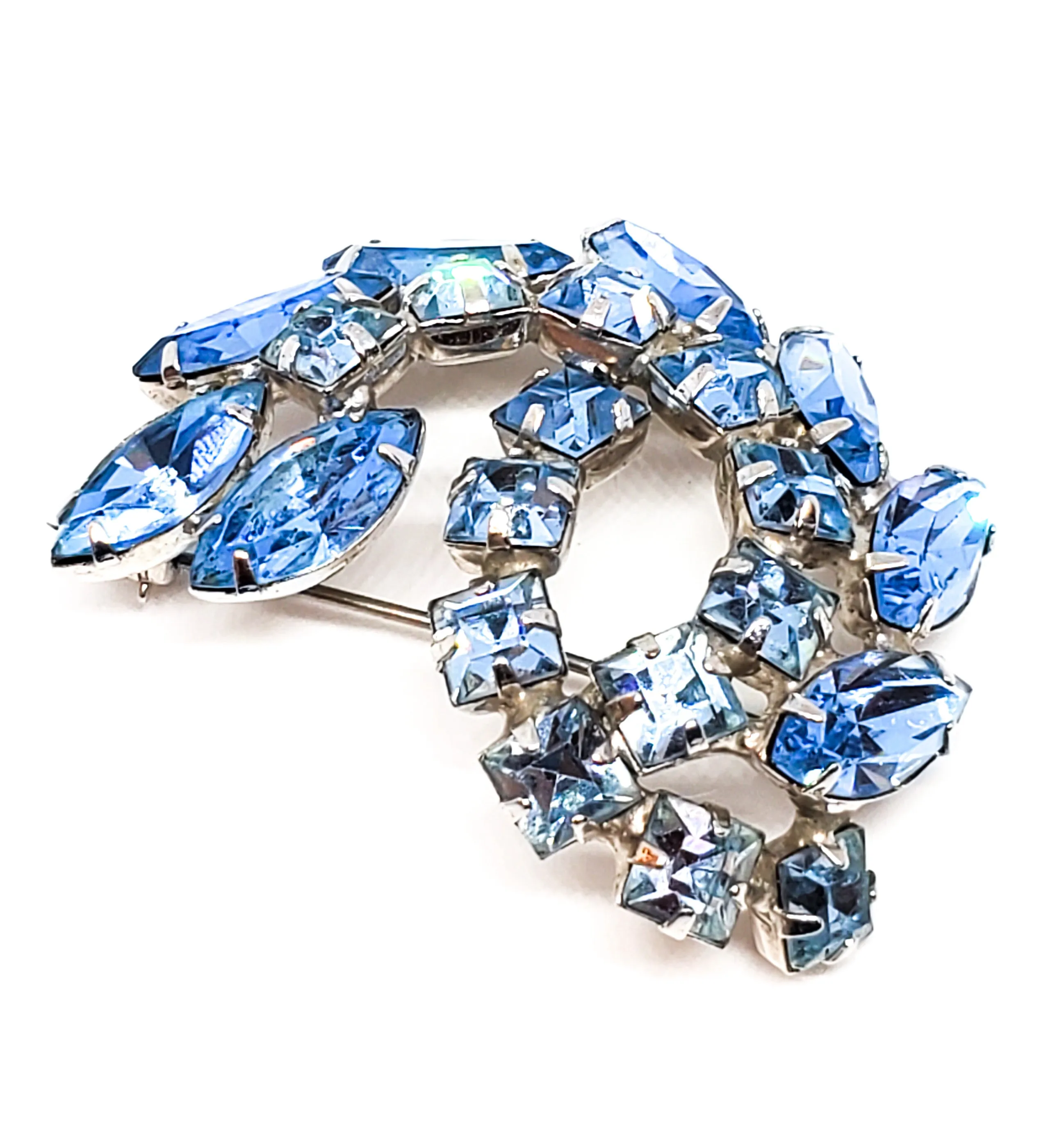 Baby blue Princess cut vintage rhinestone cluster brooch mid century