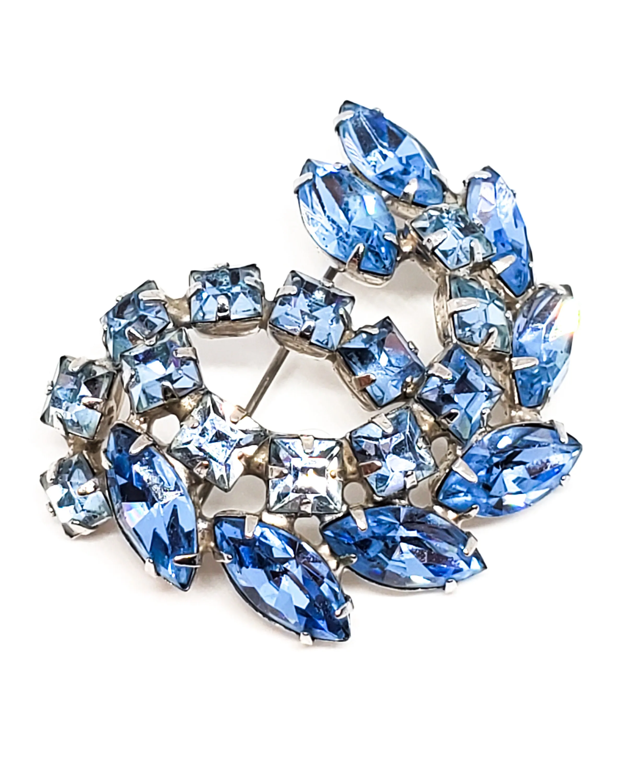 Baby blue Princess cut vintage rhinestone cluster brooch mid century