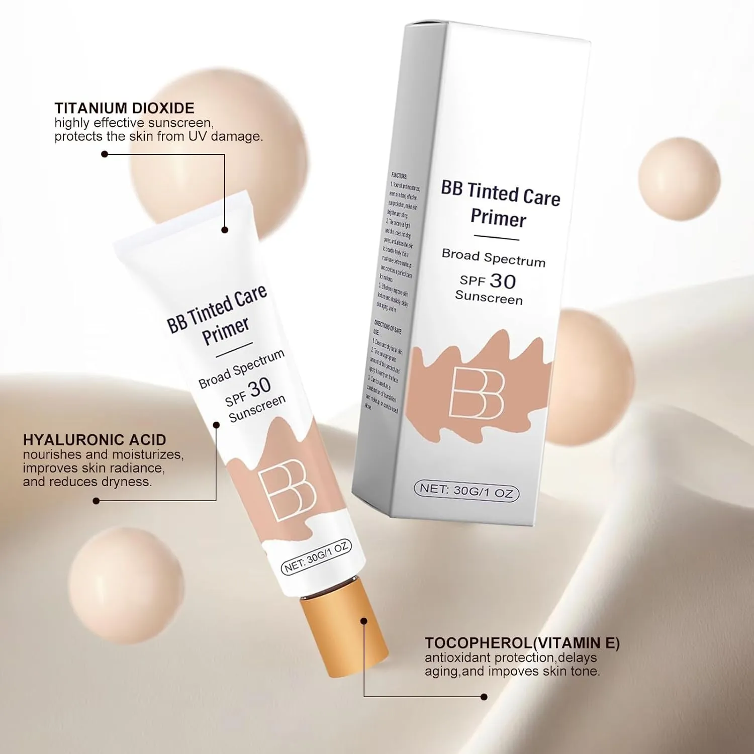 BB Blur Tinted Moisturizer SPF 30, BB Cream Tinted Moisturizer with Broad Spectrum SPF, BB Tinted Care Primer with Brush, Full Coverage Light-Medium Skin Color Hydrating & Smoothing (Natural)-1Pcs-T3.
