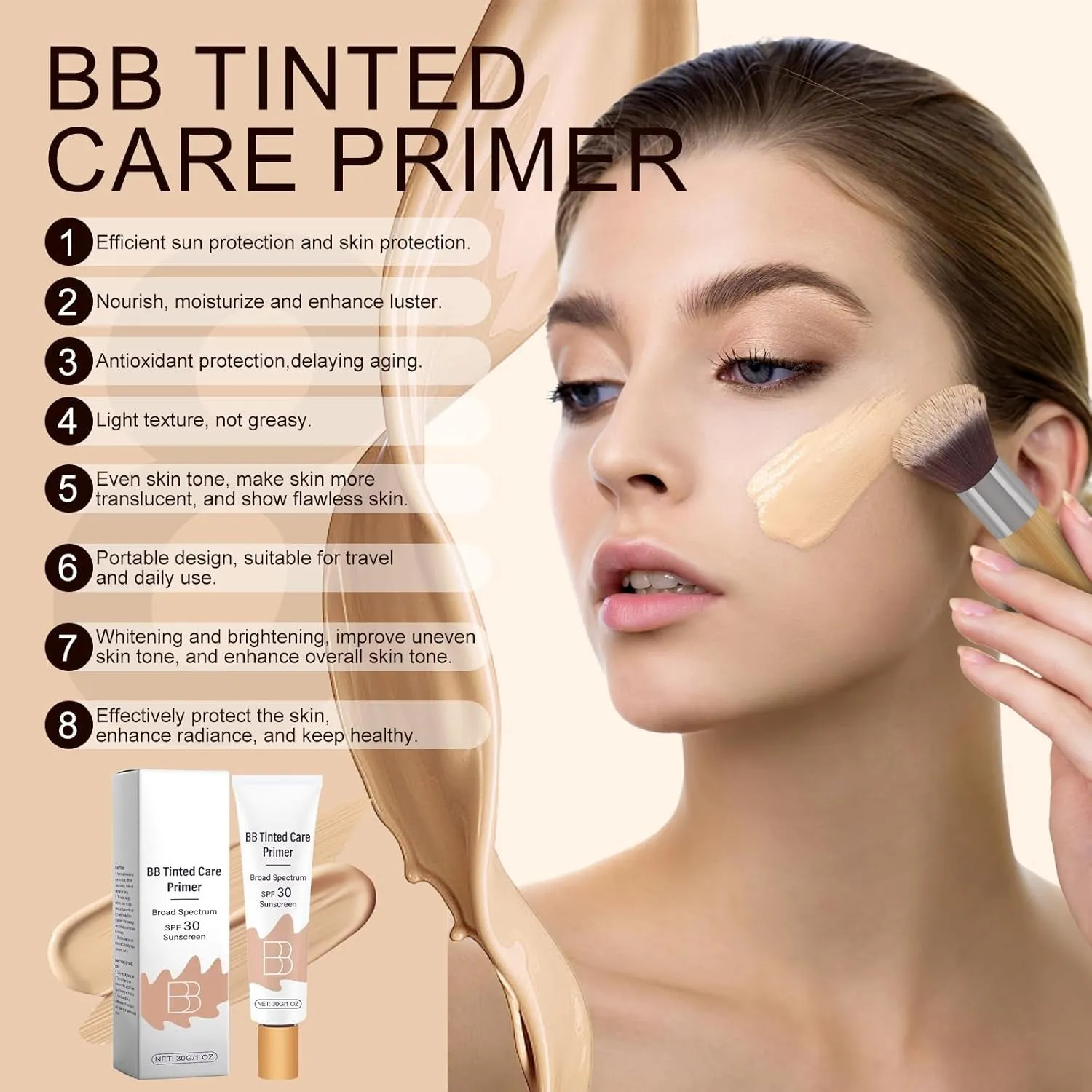 BB Blur Tinted Moisturizer SPF 30, BB Cream Tinted Moisturizer with Broad Spectrum SPF, BB Tinted Care Primer with Brush, Full Coverage Light-Medium Skin Color Hydrating & Smoothing (Natural)-1Pcs-T3.