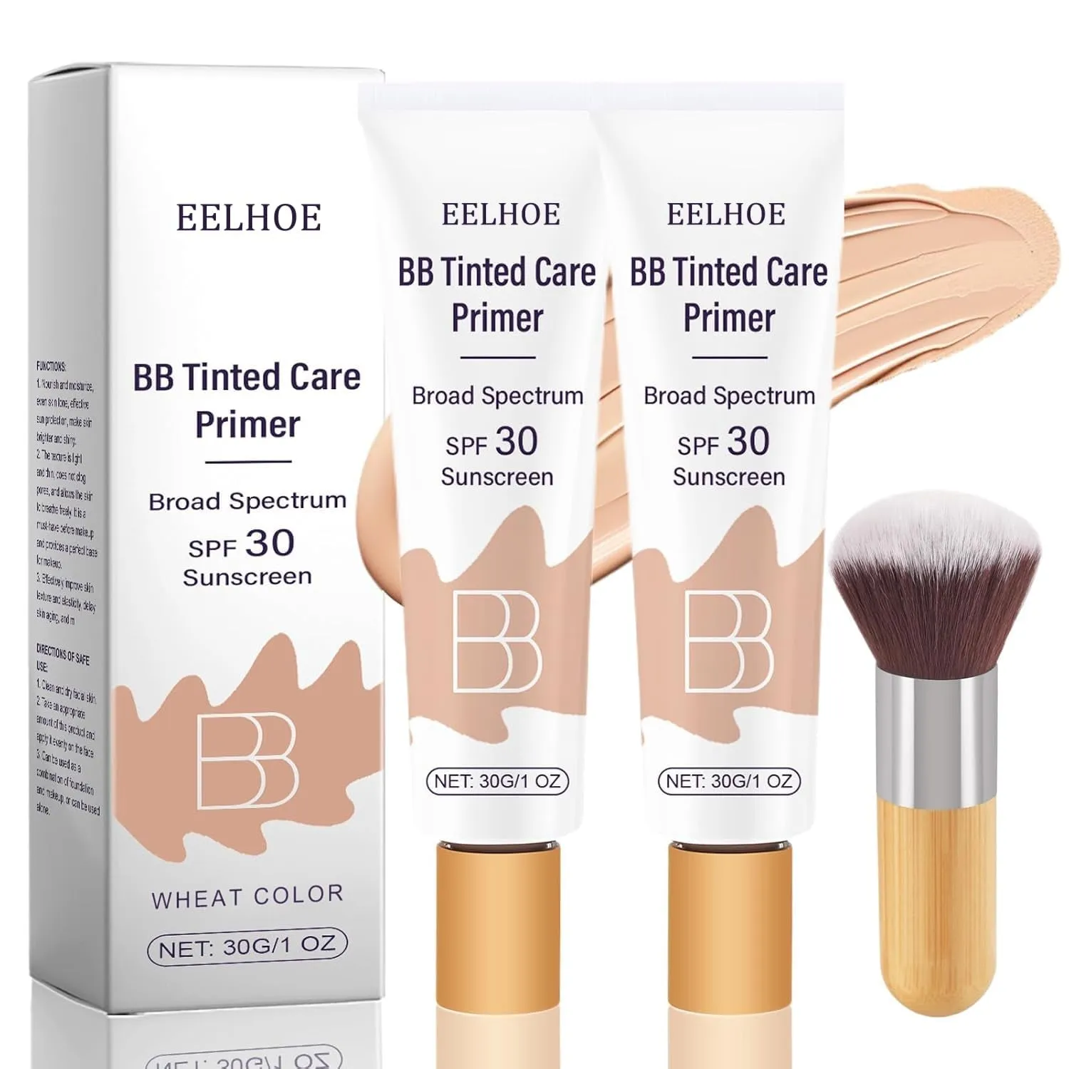 BB Blur Tinted Moisturizer SPF 30, BB Cream Tinted Moisturizer with Broad Spectrum SPF, BB Tinted Care Primer with Brush, Full Coverage Light-Medium Skin Color Hydrating & Smoothing (Natural)-1Pcs-T3.