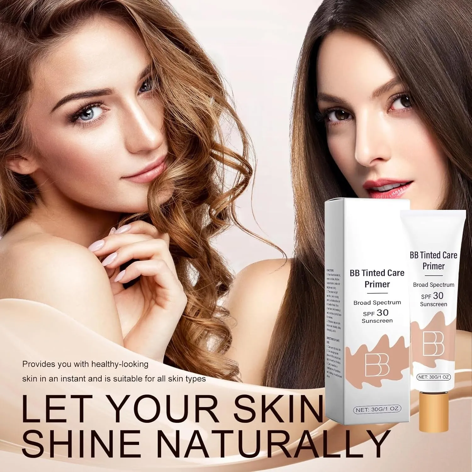 BB Blur Tinted Moisturizer SPF 30, BB Cream Tinted Moisturizer with Broad Spectrum SPF, BB Tinted Care Primer with Brush, Full Coverage Light-Medium Skin Color Hydrating & Smoothing (Natural)-1Pcs-T3.