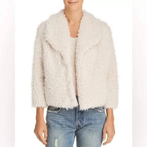 BB Dakota Hugs Don’t Lie Cropped 3/4 Sleeve Cream Faux Fur Coat Jacket Large