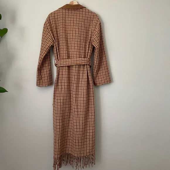 BB Dakota Tan Checkered Fringe Long Line Pea Coat