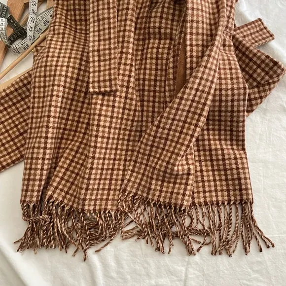 BB Dakota Tan Checkered Fringe Long Line Pea Coat