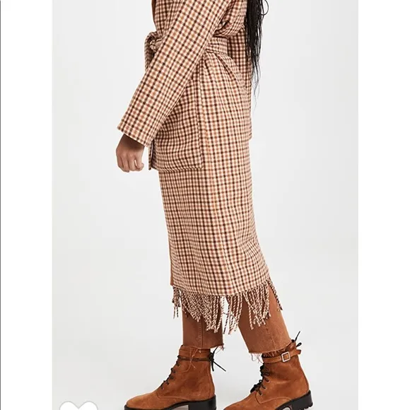 BB Dakota Tan Checkered Fringe Long Line Pea Coat