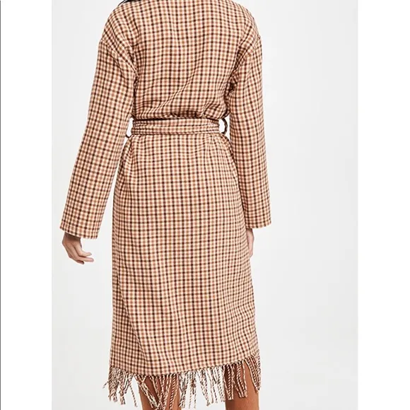 BB Dakota Tan Checkered Fringe Long Line Pea Coat
