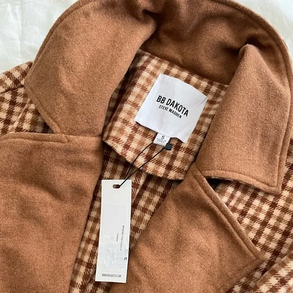 BB Dakota Tan Checkered Fringe Long Line Pea Coat
