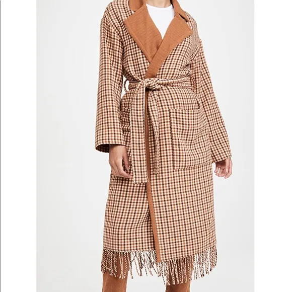 BB Dakota Tan Checkered Fringe Long Line Pea Coat