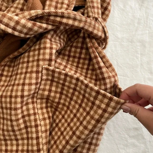 BB Dakota Tan Checkered Fringe Long Line Pea Coat