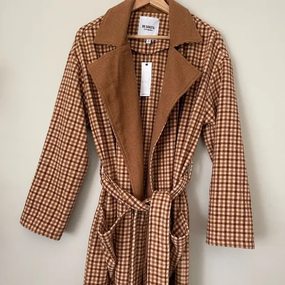 BB Dakota Tan Checkered Fringe Long Line Pea Coat