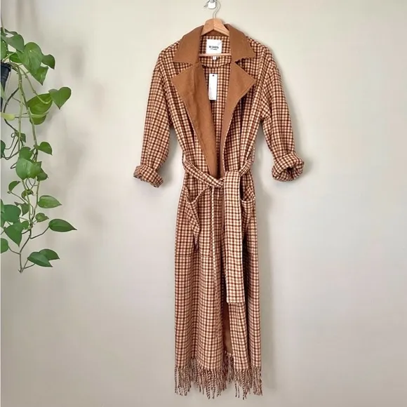BB Dakota Tan Checkered Fringe Long Line Pea Coat