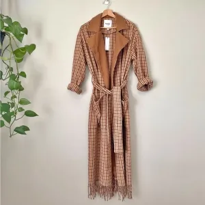 BB Dakota Tan Checkered Fringe Long Line Pea Coat