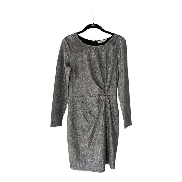 BB Dakota What’s Your Shine Twist Front Long Sleeve Mini Dress S in Gunmetal