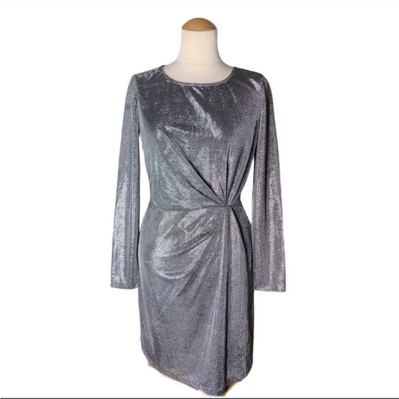 BB Dakota What’s Your Shine Twist Front Long Sleeve Mini Dress S in Gunmetal