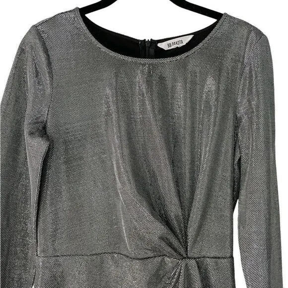 BB Dakota What’s Your Shine Twist Front Long Sleeve Mini Dress S in Gunmetal