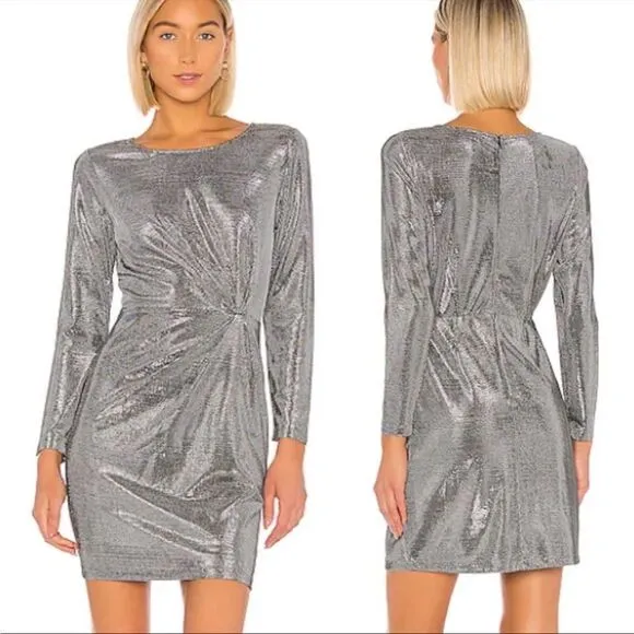 BB Dakota What’s Your Shine Twist Front Long Sleeve Mini Dress S in Gunmetal
