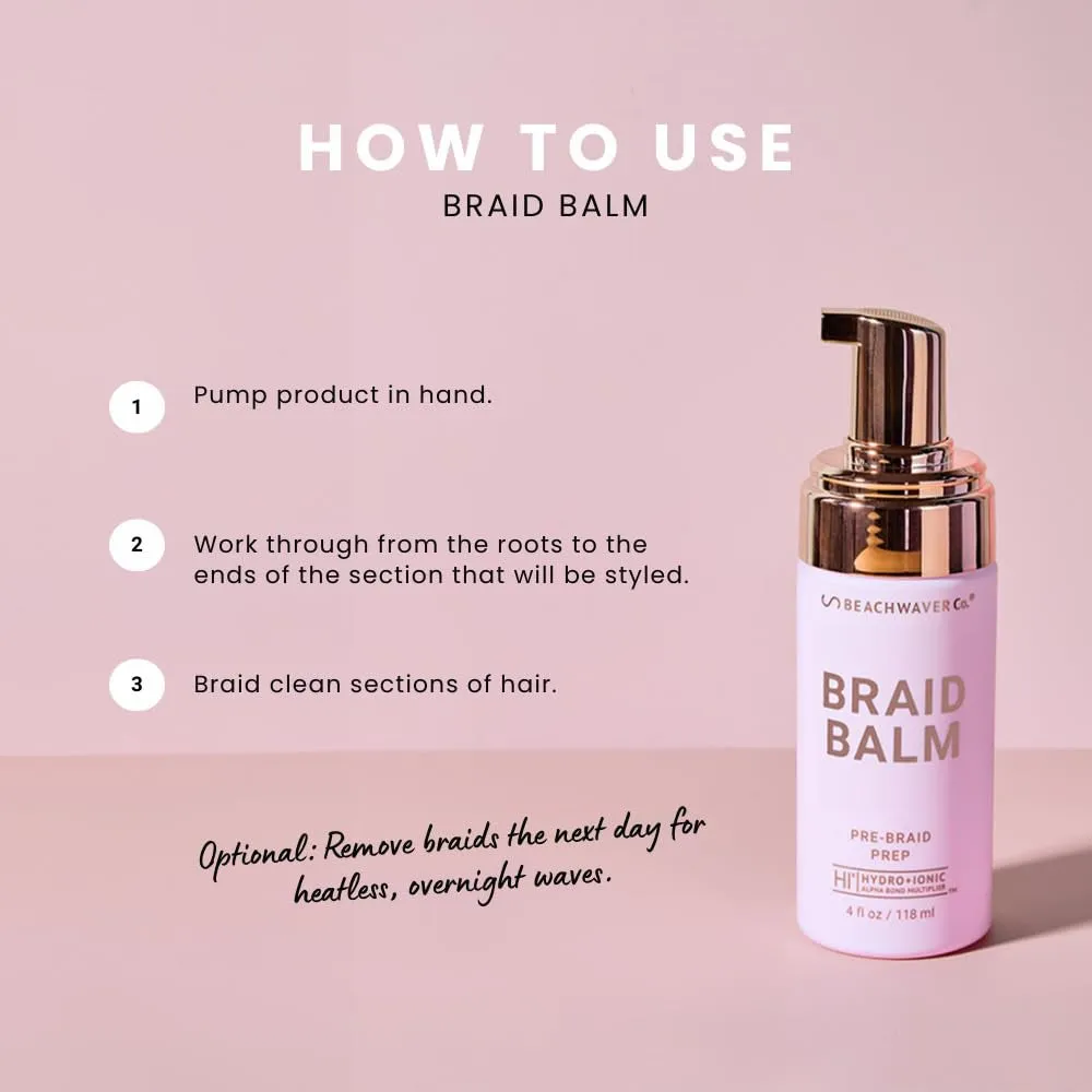 Beachwaver Braid Balm Pre-Braid Prep - Frizz-Taming Hair Primer Foam to Strengthen and Reduce Flyaways with Hix Vegan Bond Multiplers - Create Heatless Curls with Braids - for All Hair Types (4 Fl Oz)