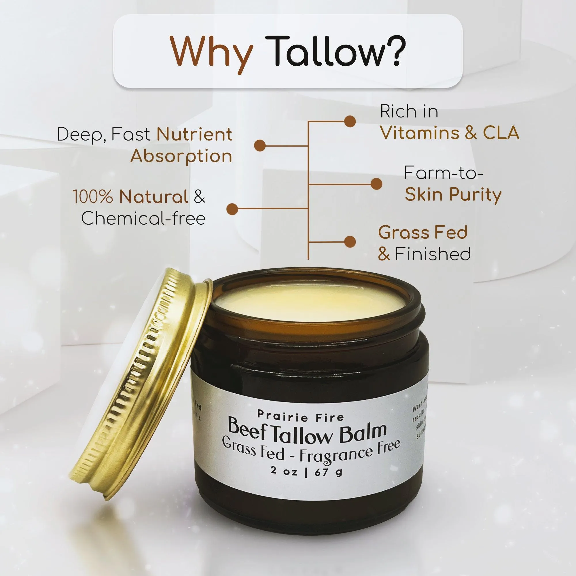 Beef Tallow Balm - 2 oz - Organic Grass Fed and Finished Tallow- Made in USA - Moisturizing Skin Care