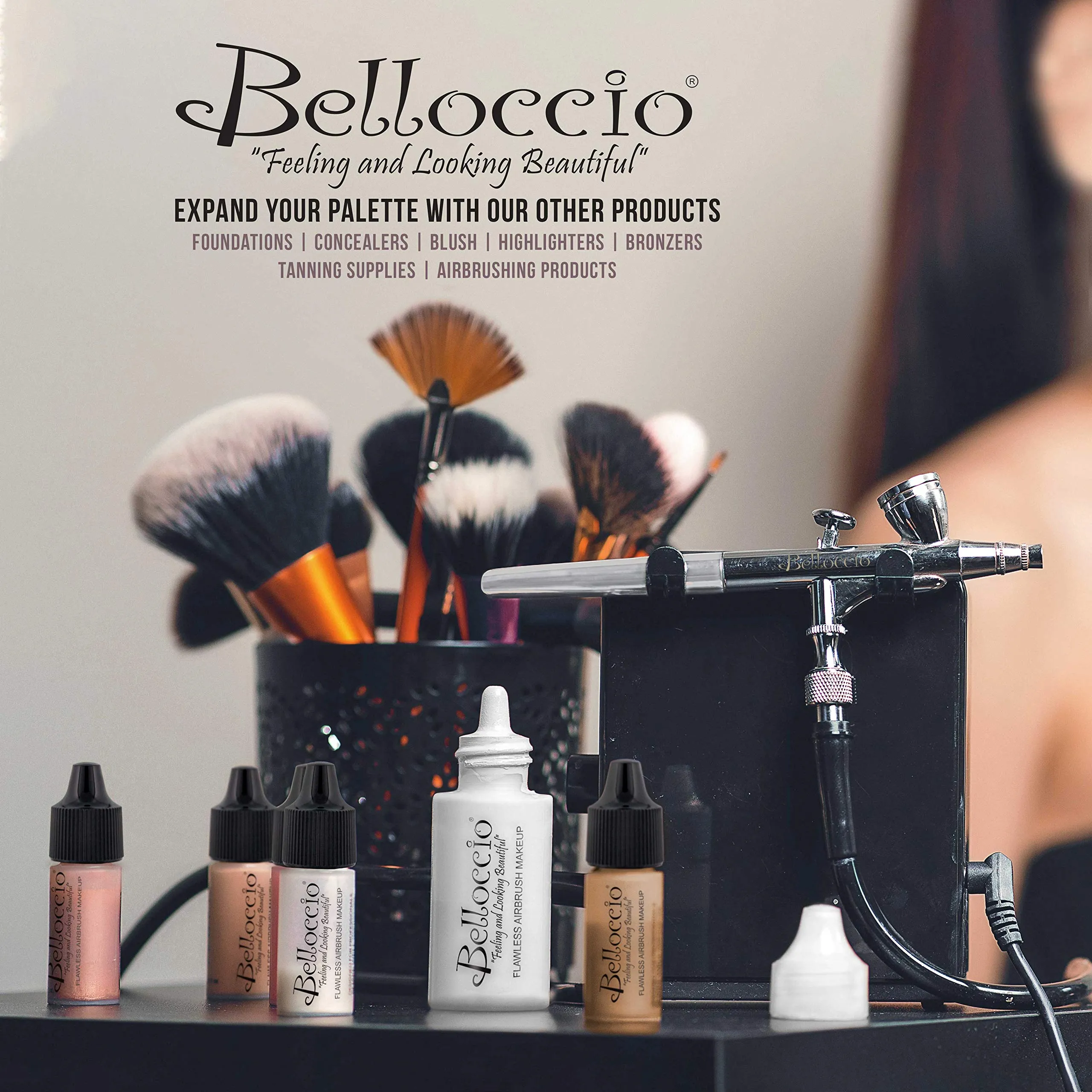 Belloccio Professional Beauty Airbrush Cosmetic Makeup System with 5 Dark Shades of Foundation in 1/4 oz Bottles - Kit includes Blush, Bronzer and Highlighters