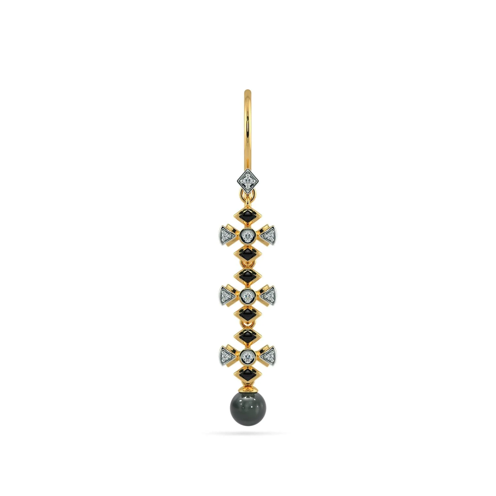 Black Pearl 18k Solid Yellow Gold Handmade Geometric Diamond Earrings, Pearl Earrings, Gold Earrings, Diamond Earrings