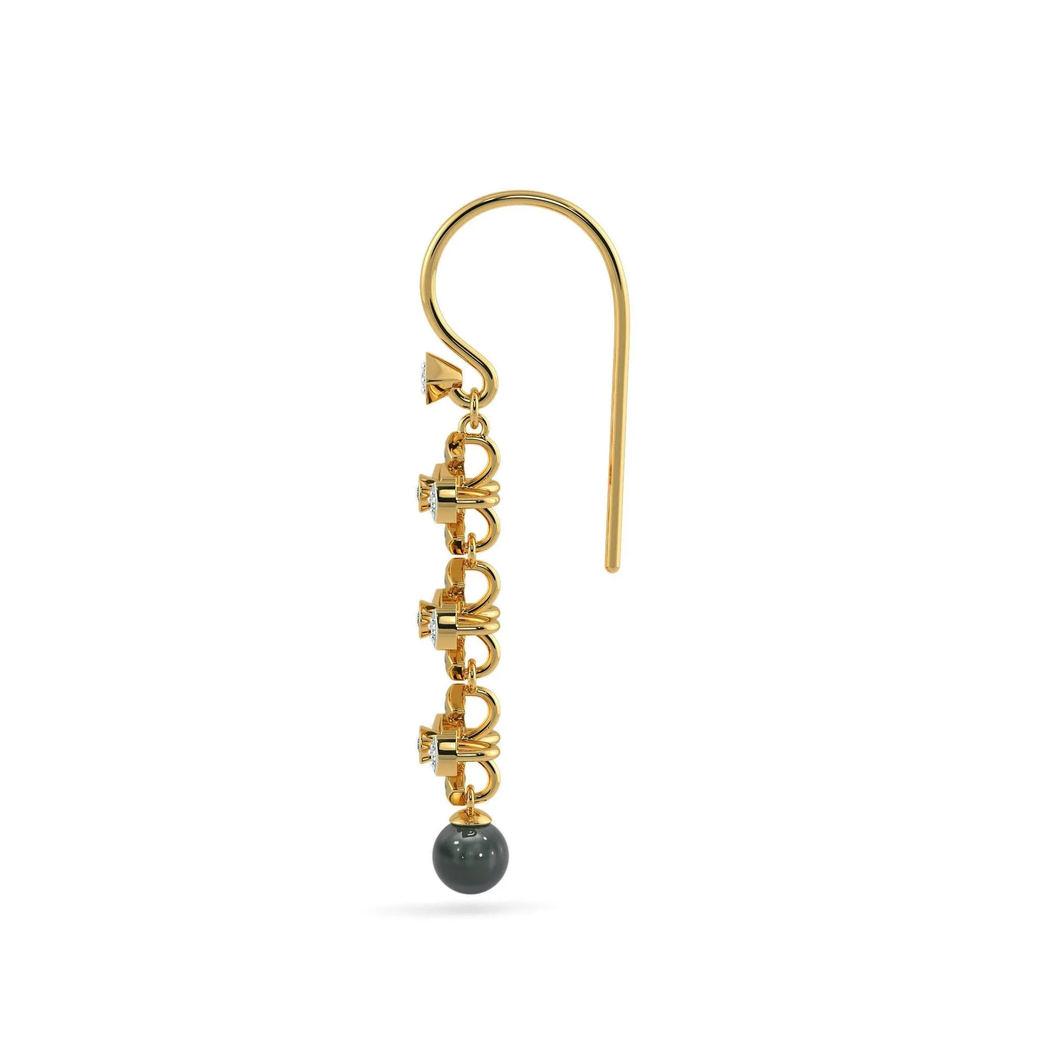 Black Pearl 18k Solid Yellow Gold Handmade Geometric Diamond Earrings, Pearl Earrings, Gold Earrings, Diamond Earrings
